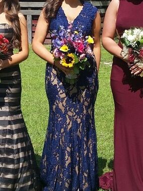 Jovani Navy Blue Lace V-Neck Maxi Gown